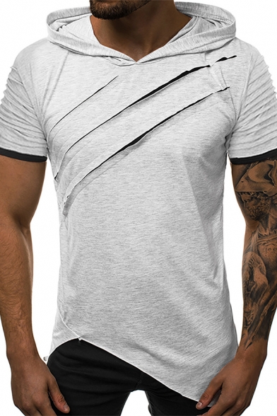 Stylish Men's Tee Top Patchwork Distressed Curl Edge Asymmetrical Hem Short-sleeved Color Block Short Sleeves Regular Fitted Hooded T-Shirt