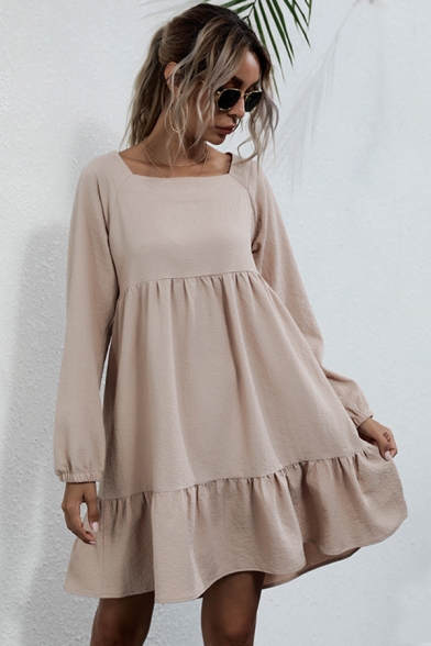 Stylish Women's A-Line Dress Solid Color Ruffles Tie Back Hollow out Square Neck Long Sleeves Relaxed Fit A-Line Dress