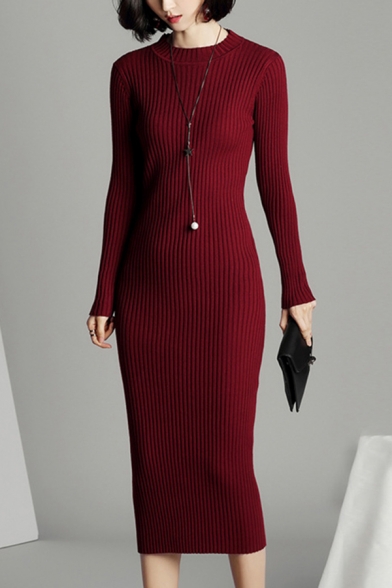 Stylish Women's Sweater Dress Ribbed Knit Solid Color Crew Neck Long Sleeves Slim Fitted Sweater Dress
