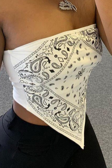 Stylish Women's Tank Top Paisley Pattern Asymmetrical Hem Backless off the Shoulder Sleeveless Slim Fitted Cami Top