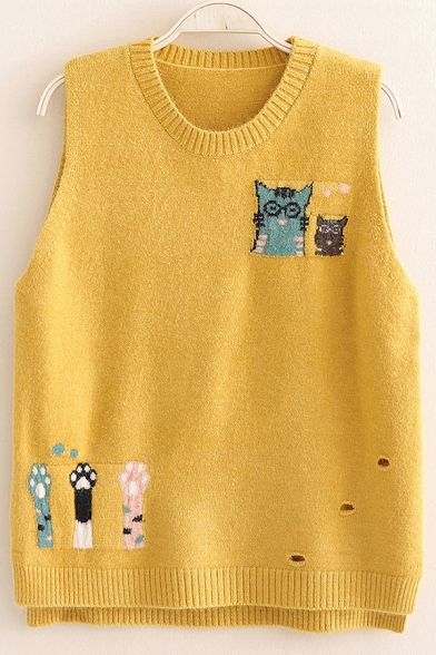 Unique Girls Sweater Vest Cat Paw Pattern Hole Detail Split Hem Round Neck Sleeveless Relaxed Fitted Sweater Vest