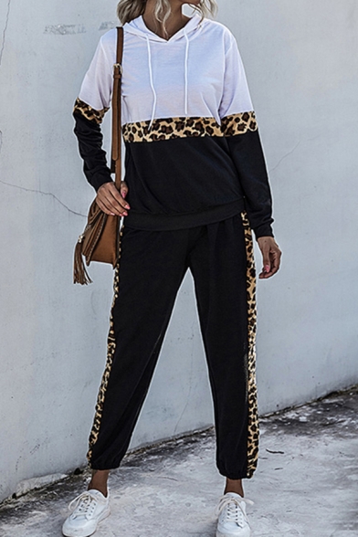 Unique Womens Co-ords Leopard Contrast Panel Long Sleeve Hoodie Ankle Length Tapered Pants Regular Fit Jogger Co-ords