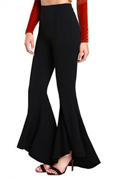 Unique Womens Pants Plain Stretch Ruffle Hem High Rise Full Length Relaxed Fit Flare Relaxed Pants