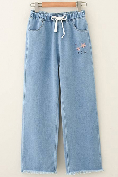 Vintage Womens Jeans Floral Japanese Letter Embroidered Frayed Cuffs Drawstring Waist Full Length Relaxed Fit Straight Jeans