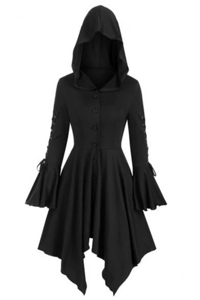 Women's Hooded Long Sleeve Lace-Up Back Button Front High Low Hem Longline Trench Coat