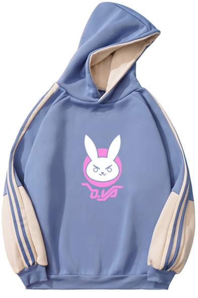 Womens Hooded Sweatshirt Stylish Rabbit Letter DVA Pattern Color Block Side Panel Long Sleeve Relaxed Fitted Hooded Sweatshirt