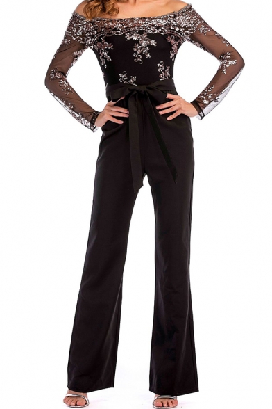 Womens Jumpsuit Trendy Sequin Decoration Tie-Waist Long Sleeve off Shoulder Slim Fitted Wide Leg Jumpsuit
