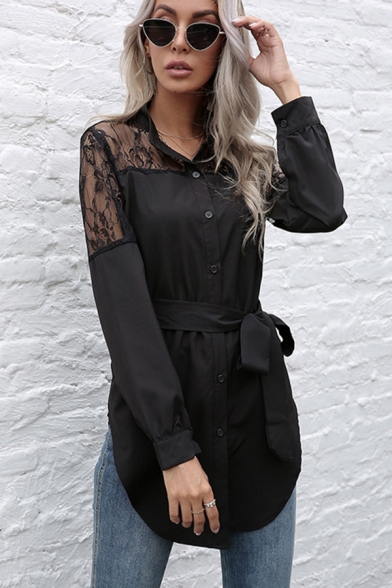 Womens Shirt Stylish Lace Patchwork Tie-Waist Curved Hem Single Breasted Long Sleeve Stand Collar Slim Fit Black Shirt