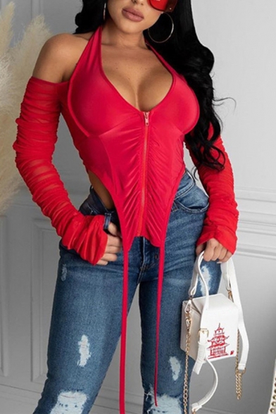 Womens T-Shirt Trendy Solid Color Zipper Front Low-Bust Slim Fitted Long Sleeve Cold Shoulder Halter Neck Tee Top