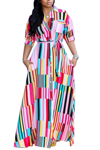 Basic Womens Swing Dress Color-Stripe Pattern Button up Turn down Collar Regular Fit Short Sleeve Maxi Shirt Dress