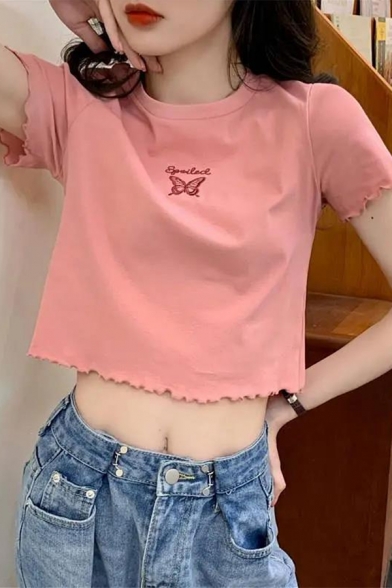 Cartoon Dinosaur Pattern Round Neck Short Sleeve Pink Crop T-Shirt For Girls