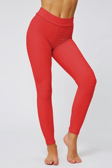 Casual Women's Leggings Quilted Butt Lift Solid Color High Waist Ankle Length Skinny Leggings