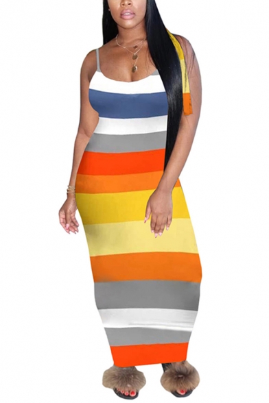 Classic Womens Dress Tie Dye Stripe Pattern Slim Fitted Maxi Sleeveless Spaghetti Strap Slip Dress