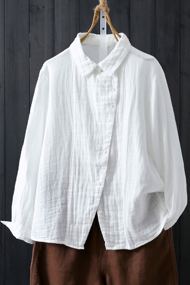 Classic Womens Shirt Solid Color Cotton Linen Button up Point Collar Loose Fit Long Sleeve Shirt
