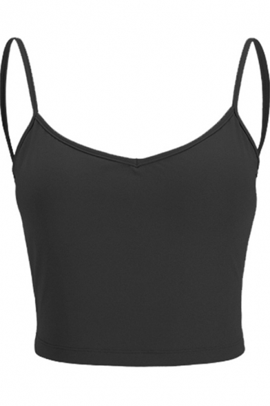 Classic Womens Sport Cami Top Plain Shake-Proof Quick Dry Slim Fitted Spaghetti Strap Cropped Sleeveless Yoga Bra