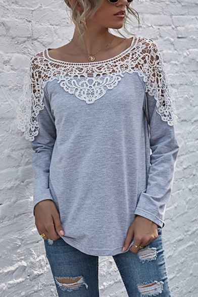 Classic Womens T-Shirt Crochet Lace Patchwork Long Sleeve Round Neck Relaxed Fitted Tee Top
