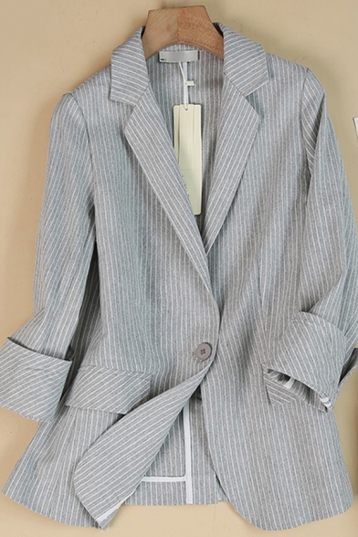 Cozy Women's Jacket Horizontal Stripe Pattern Cotton and Linen Flap Pockets Button-down Long-sleeved Regular Fitted Suit Jacket