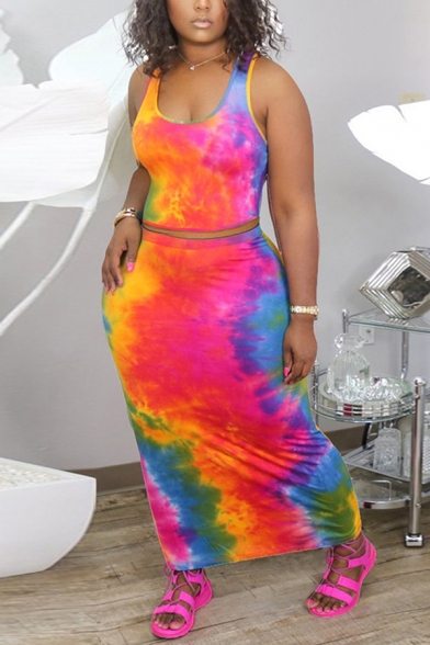 Creative Womens Co-ords Tie Dye Slim Fitted Maxi Skirt Scoop Neck Sleeveless Tank Top Co-ords