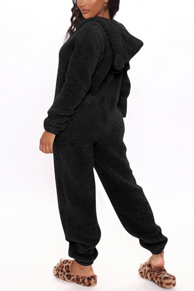 Creative Womens Jumpsuit Plain Plush Zipper Front Bear-Ear Regular Fitted Long Sleeve Loungewear Jumpsuit