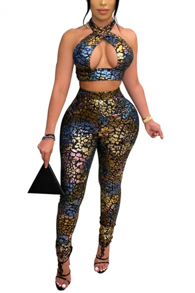 Elegant Women's Set Glitter Animal Skin Printed Hollow out Halter Neck Sleeveless Slim Fitted Cropped Tank Top with High Waist Long Pants Co-ords