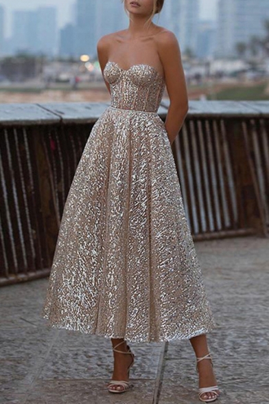 Elegant Women's Strapless Dress Glitter Design Sleeveless Zipper Back Regular Fitted A-Line Strapless Dress