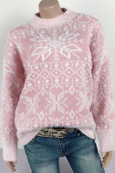 Elegant Women's Sweater Snowflake Pattern Rib-Knitted Cuffs Contrast Trim Round Neck Long-sleeved Regular Fit Knitted Mohair Sweater