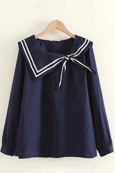 Elegant Womens Blouse Contrast Stripe Pattern Sailor Collar Long Sleeves Regular Fitted Blouse Shirt