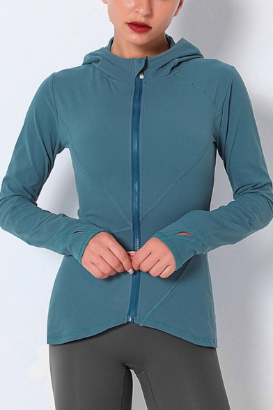 Elegant Womens Fitness Jacket Solid Color Finger Hole Zip Placket Asymmetrical Hem Long Sleeves Slim Fitted Hooded Jacket