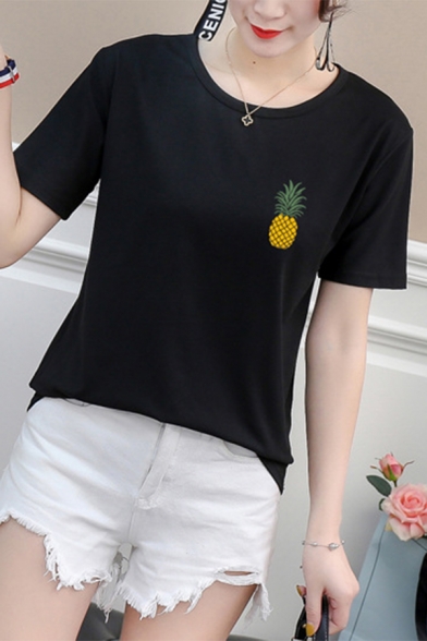 Fancy Pineapple Applique Round Neck Short Sleeves Summer T-shirt