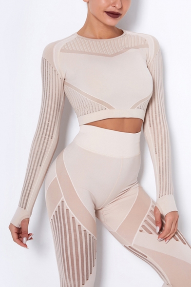 Fancy Women's Active Set Contrast Panel Stripe Pattern Crew Neck Long Sleeves Slim Fitted Tee Top with High Waist Long Pants