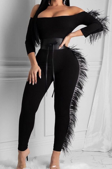 Fancy Women's Jumpsuit Feather Design Solid Color off the Shoulder Long-sleeved Slim Fitted Jumpsuit with Belt