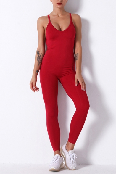 Leisure Women's Jumpsuit Solid Color Criss Cross Back Sleeveless Scoop Neck Slim Fitted Jumpsuit
