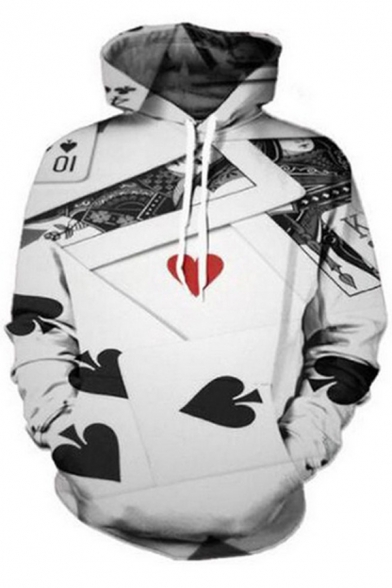 Men's White 3D Poker Card Printed Long Sleeve Pullover Boxy Hoodie