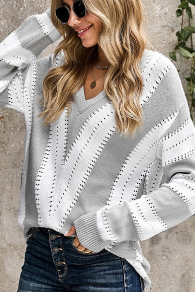 Novelty Womens Sweater Contrast Stripe Pattern Long Drop-Sleeve Slim Fitted Deep V Neck Sweater