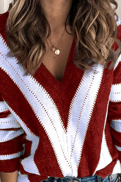 Novelty Womens Sweater Contrast Stripe Pattern Long Drop-Sleeve Slim Fitted Deep V Neck Sweater