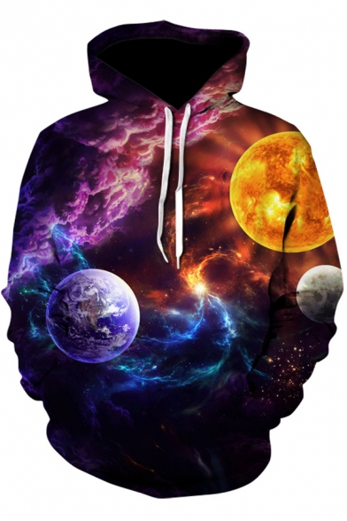 Popular Fashion Galaxy Planet 3D Printed Long Sleeve Loose Fit Casual Purple Hoodie