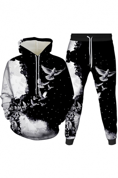 Retro Mens Co-ords 3D Galaxy Alien Head Dove Planet Print Slim Fitted 7/8 Length Tapered Pants Long Sleeve Hoodie Jogger Co-ords