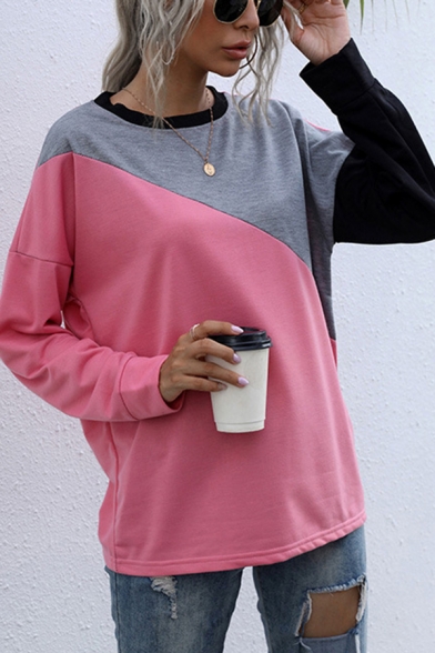 Retro Womens T-Shirt Color Block Panel Drop Shoulder Crew Neck Long Sleeve Loose Fitted T-Shirt
