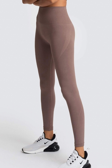 Stylish Women's Leggings Solid Color Ribbed High Waist Ankle Length Skinny Yoga Leggings