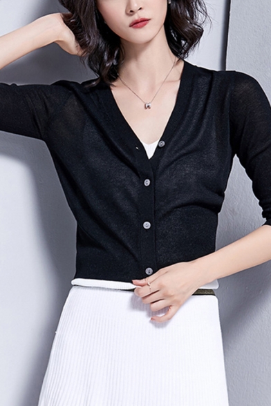 Trendy Women's Cardigan Panel Solid Color Button-down Ribbed Trim Mid Sleeves Regular Fitted Cardigan