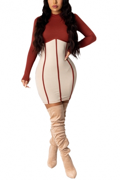 Unique Womens Dress Contrast Rib Knit Panel Short Slim Fitted Mock Neck Long Sleeve Bodycon Dress