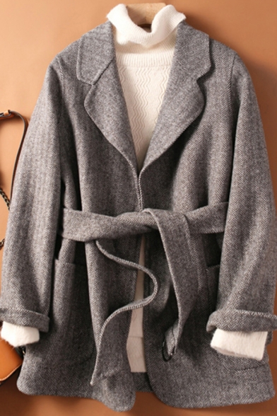 Vintage Womens Coat Tie-Waist Pockets Double-Face Woollen Open Front Long Sleeve Notched Lapel Collar Loose Fit Wool Coat
