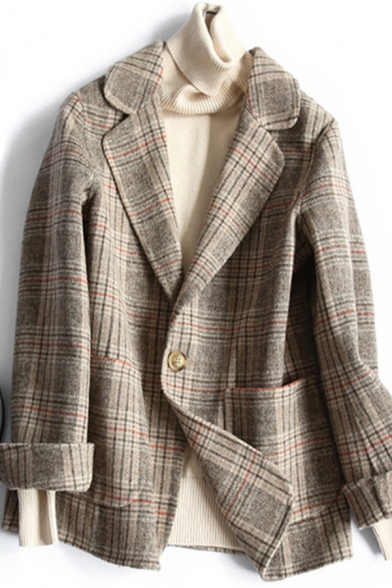 Winter Warm Jacket Plaid Pattern Pocket Details Button-down Notched Collar Long Sleeves Loose Fitted Suit Jacket