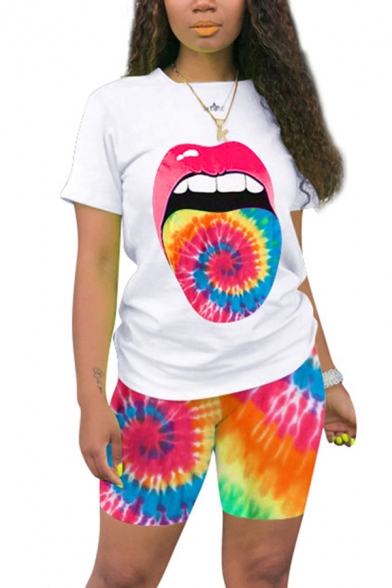 Womens Co-ords Stylish Slim Fitted Shorts Spiral Tie Dye Lip Print Crew Neck Short Sleeve Tee Lounge Co-ords