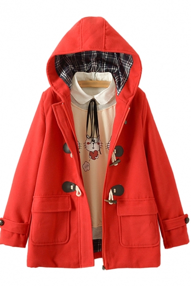 Womens Coat Trendy Plaid-Lined Double Flap Pockets Front Toggle-Button Detail Loose Fit Long Sleeve Hooded Woolen Coat