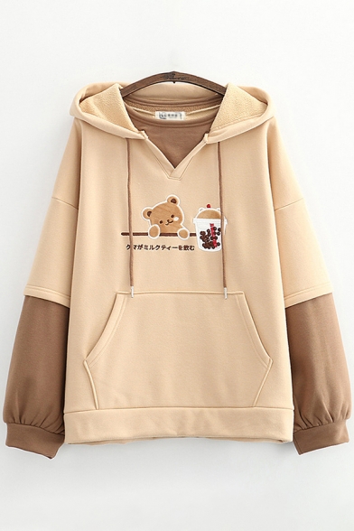 Womens Hoodie Casual Color Block Panel Bubble Tea Japanese Letter Embroidered Kangaroo Pocket Drawstring Long Sleeve Relaxed Fitted Hoodie