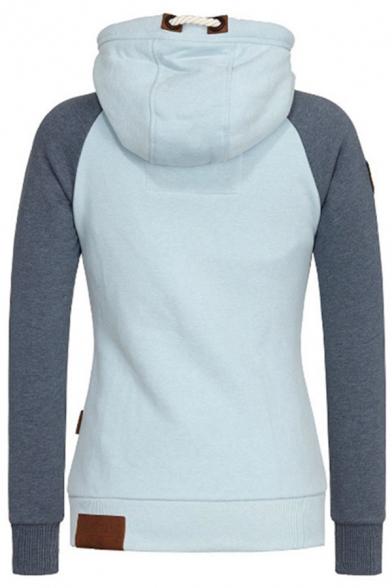 Womens Hoodie Stylish Color Block Leather-Patch Zipper Fly Drawstring Long Raglan Sleeve Slim Fit Hooded Sweatshirt