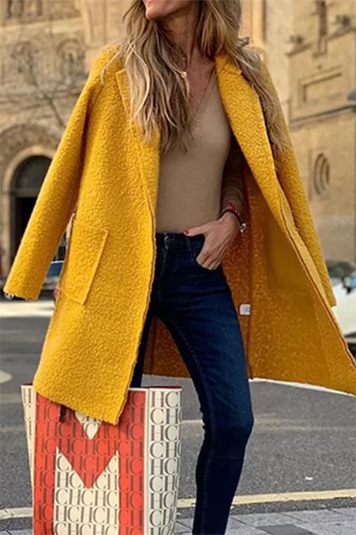 Womens Simple Yellow Plain Single Button Long Sleeve Outerwear Wool Coat with Pocket