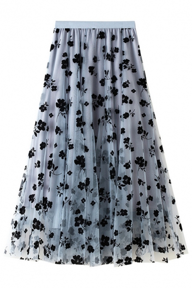 Womens Skirt Trendy Flocked Flower Pleated High Elastic Rise Midi A-Line Tulle Skirt