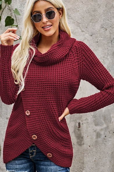 Womens Sweater Chic Plain Oblique Button Design Asymmetric Hem Turtleneck Long Sleeve Slim Fitted Sweater
